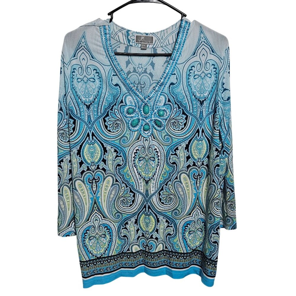 Jm Collection Paisley Tunic Top Womens Plus Size XL Petite Blue Embellished